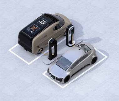 İzometrik görünümü şarj istasyonu şarj elektrik teslim minivan ve gümüş Sedan. 3D render resim.