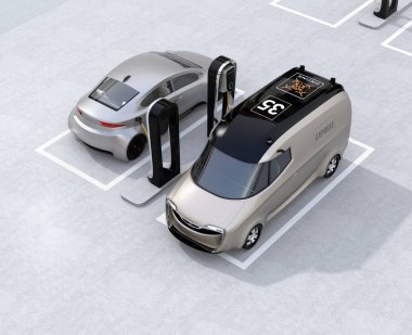 Şarj istasyonu şarj elektrik teslim minivan ve gümüş sedan. 3D render resim.