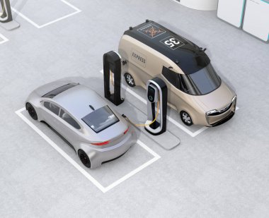 Şarj istasyonu şarj elektrik teslim minivan ve gümüş sedan. 3D render resim.