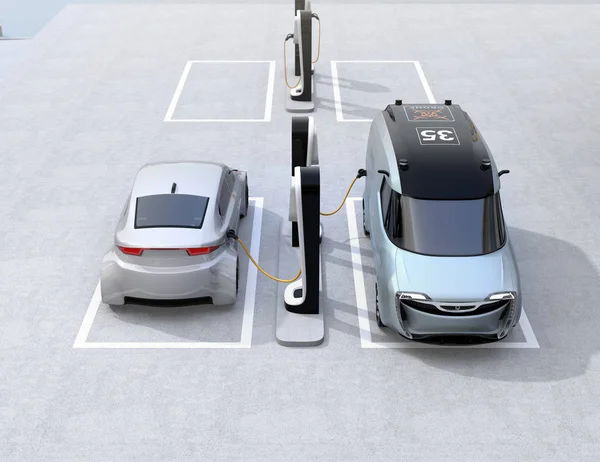 Elektrische Levering Minivan Zilver Sedan Opladen Het Laadstation Rendering Beeld — Stockfoto