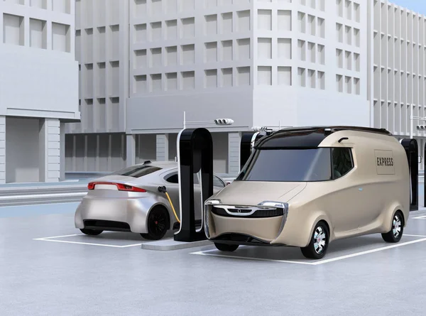 Elektrische Levering Minivan Zilver Sedan Opladen Het Laadstation Rendering Beeld — Stockfoto