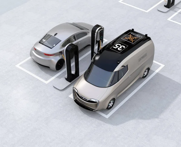Elektrische Levering Minivan Zilver Sedan Opladen Het Laadstation Rendering Beeld — Stockfoto