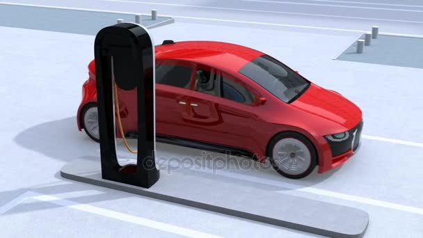 Rotes Elektroauto Das Zur Ladestation Fährt Und Strom Lädt Rendering — Stockvideo