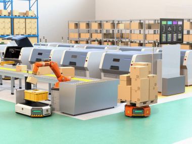 Robotik Kol malzeme çekme parsel konveyör Agv için (otomatik destekli araç). Monitörden 3D yazıcılar satırları yazdırma durumu işlem kontrol eder. 3D render resim.