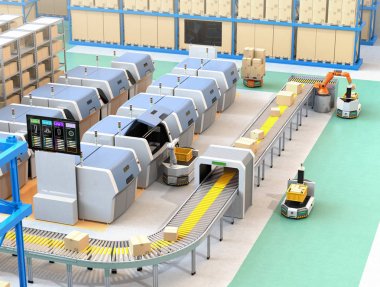 Akıllı fabrika AGV, robot taşıyıcı, 3d yazıcılar ve robotik malzeme çekme sistemi ile donatılmıştır. 3D render resim.