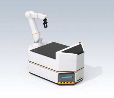 AGV (otomatik destekli araç) gri arka plan üzerinde izole robotik kol ile. 3D render resim.