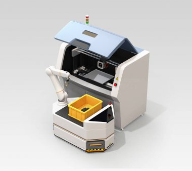 AGV (otomatik destekli araç) makine parçaları 3d metal yazıcıdan çıkararak. Akıllı fabrika kavramı. 3D render resim.