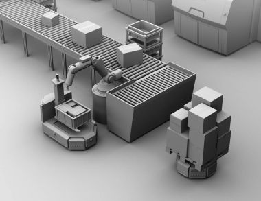 Kil model oluşturma ve robotik kol malzeme çekme parsel sürüş kendi forklift Agv (otomatik destekli araç). 3D render resim.