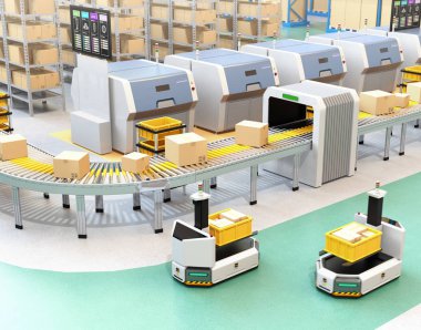 AGV sürüş öz (otomatik destekli araç) konteyner kutu yakın konveyör taşıma forklift ile. 3D render resim.