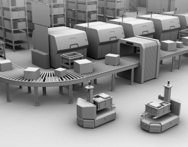 Bir kendi kendine sürüş kil model işleme forklift Agv (otomatik destekli araç) konveyör yanında. 3D render resim.