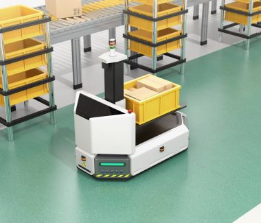AGV sürüş öz (otomatik destekli araç) konteyner kutu yanında konveyör taşıma forklift ile. 3D render resim.