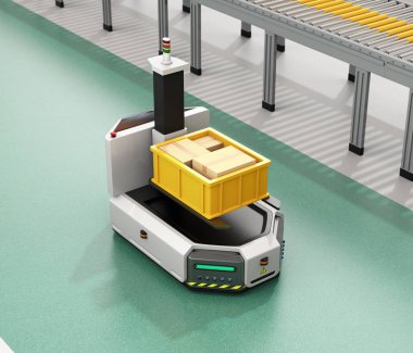 AGV sürüş öz (otomatik destekli araç) konteyner kutu yanında konveyör taşıma forklift ile. 3D render resim.