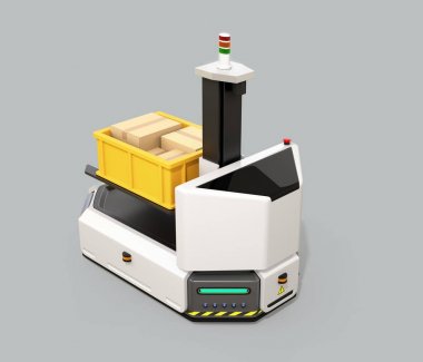 AGV sürüş öz (otomatik destekli araç) gri arka plan üzerinde izole forklift ile. 3D render resim.