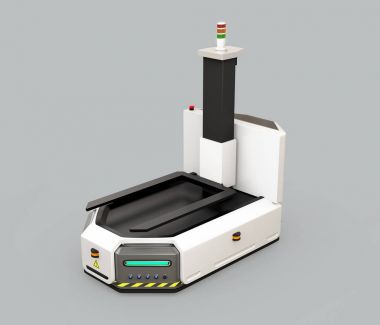 AGV sürüş öz (otomatik destekli araç) gri arka plan üzerinde izole forklift ile. 3D render resim.