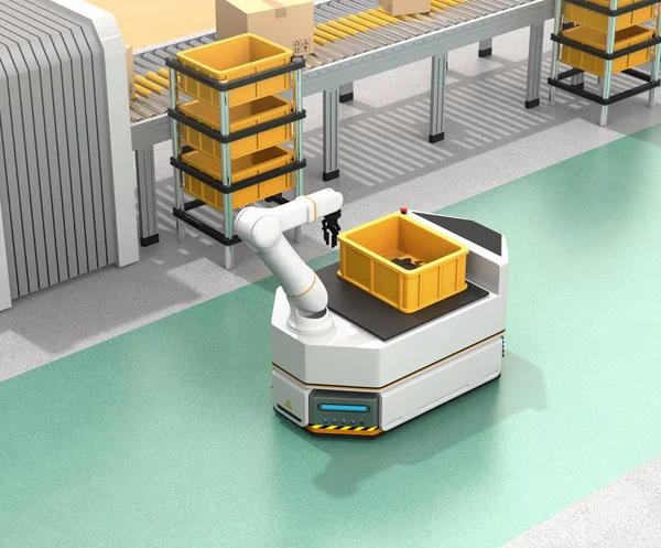 Self Driving Agv Automatic Guided Vehicle Robotic Arm Moving Conveyor — Stock Photo, Image