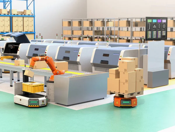 Robotarm Plukken Perceel Van Transportband Agv Automatisch Geleide Voertuigen Van — Stockfoto