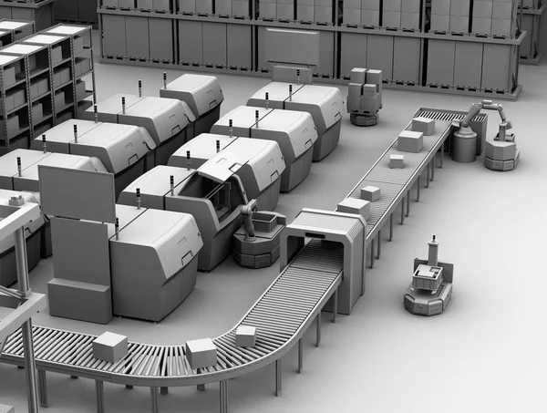 粘土模型のレンダリング Agv 無人搬送車 からピッキング部品金属 プリンター スマート工場概念 レンダリング画像 — ストック写真