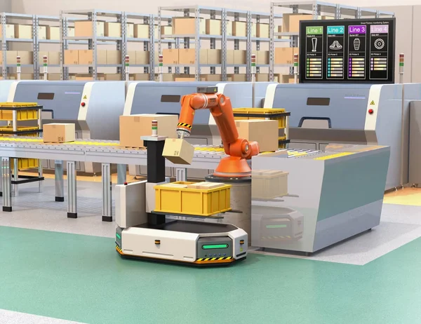 Robotic Arm Picking Parcel Conveyor Agv Automatic Guided Vehicle Monitor — Stock Photo, Image