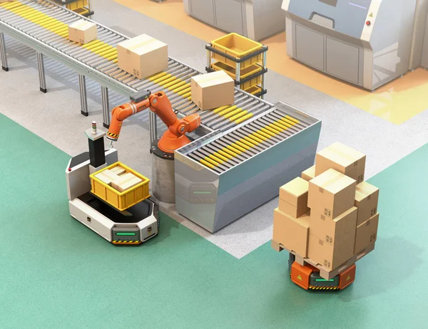 Robotic arm picking parcel from conveyor to AGV (Automatic guided vehicle). 3D rendering image.