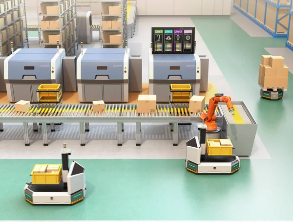 Roboterarm Kommissioniert Pakete Vom Band Zum Agv Automatisches Gesteuertes Fahrzeug — Stockfoto