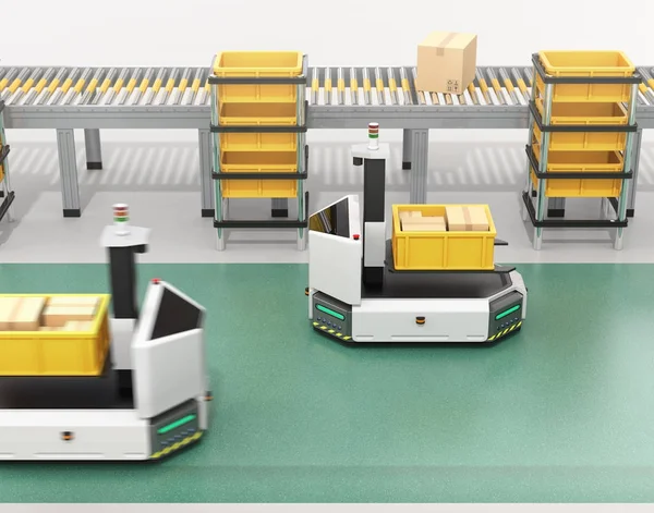 Self Driving Agv Automatic Guided Vehicle Dengan Forklift Membawa Kotak — Stok Foto