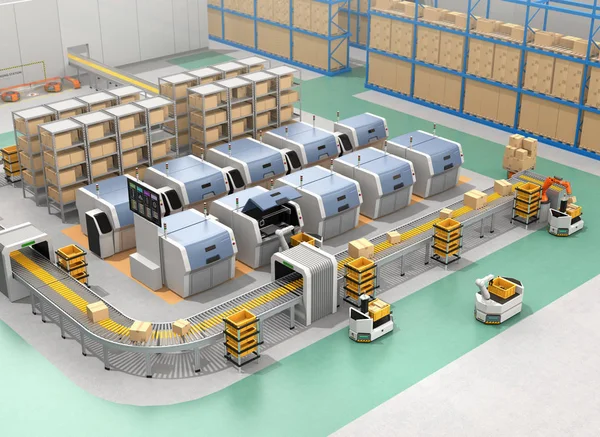 Akıllı fabrika Agvs, 3d yazıcılar ve robotik kol ile donatmak. 3D render resim.