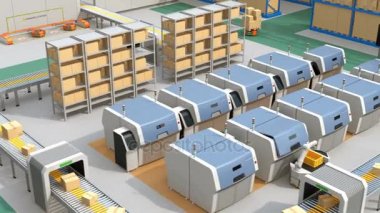 AGV (otomatik destekli araç) malzeme çekme parçaları metal 3d printerlere harcama maddeler. Akıllı fabrika kavramı. 3D render animasyon.