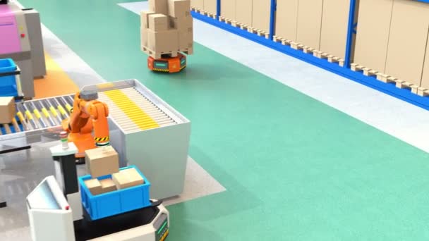 Roboterarm Kommissioniert Pakete Vom Band Zum Agv Automatisches Gesteuertes Fahrzeug — Stockvideo