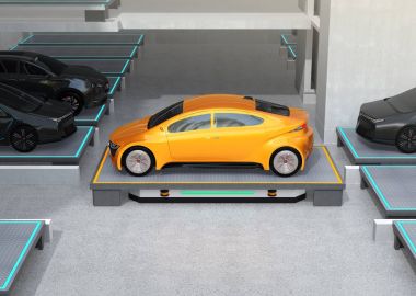 Yan görünüm otomatik bir park alanı için sarı bir araba taşıyan araç (Agv) destekli. Otomatik araba park sistemi için kavram. 3D render resim.