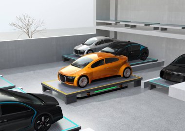 Otomatik bir park alanı için sarı bir araba taşıyan araç (Agv) destekli. Otomatik araba park sistemi için kavram. 3D render resim.