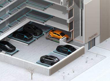 Kesit kavramı görüntü için otomatik otopark sistemi Agv (destekli araç otomatik) tarafından. 3D render resim.