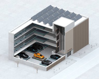 Kesit kavramı görüntü için otomatik otopark sistemi Agv (destekli araç otomatik) tarafından. 3D render resim.