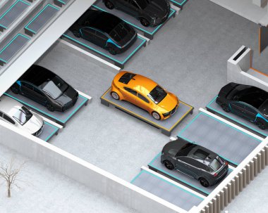 Otomatik güdümlü sarı araba park yeri için taşıyan araç (Agv). Otomatik araba park sistemi için kavram. 3D render resim.