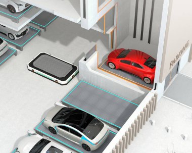 Bir otomatik destekli araç (Agv) hazırlamak bir kırmızı araba park yeri için yürütmek. Otomatik araba park sistemi için kavram. 3D render resim.