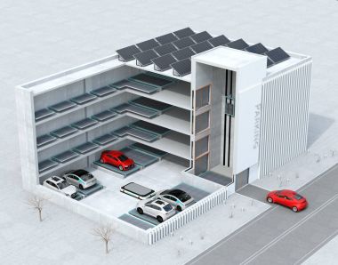 Kesit kavramı görüntü için otomatik otopark sistemi Agv (destekli araç otomatik) tarafından. 3D render resim.
