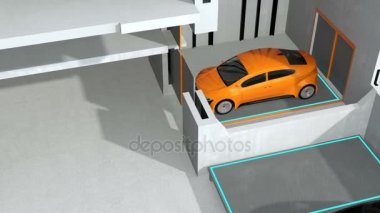 AGV (destekli araç otomatik) tarafından kesit görünümü'nde sarı otopark. Otomatik araba park sistemi genel kavram. 3D render animasyon.