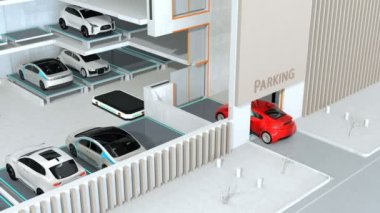 AGV (destekli araç otomatik) tarafından kesit görünümü'nde kırmızı otopark. Otomatik araba park sistemi genel kavram. 3D render animasyon.