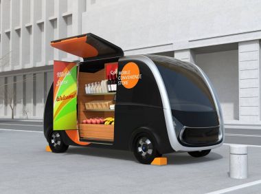 Sokakta kendi kendine sürüş otomat otopark. Otomat araba ile raf yiyecekler, içecekler ve bakkal satış için donatılmıştır. Mobil kolaylık mağaza konsepti. 3D render resim.