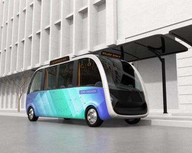 Kendi kendine sürüş servis otobüsü Otobüs terminalinde bekliyor. Elektrik için güneş panelleri ile donatılmış otobüs istasyonu. 3D render resim.