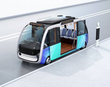 Otobüs durağında bekleyen özerk servis otobüsü. 3D render resim.