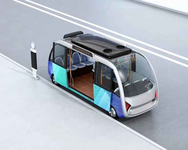 Autonomous Shuttle Bus Waiting Bus Station Rendering Image — Stock Photo, Image