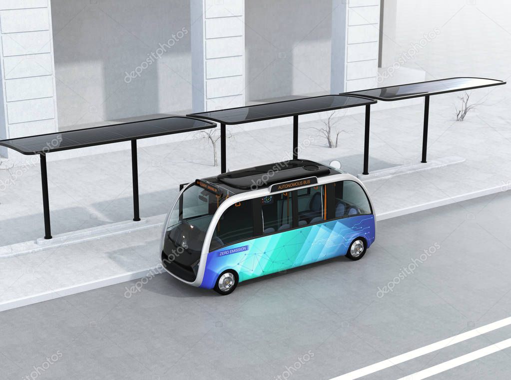 Self-driving shuttle bus waiting at bus station. The bus station equipped with solar panels for electric power. 3D rendering image.