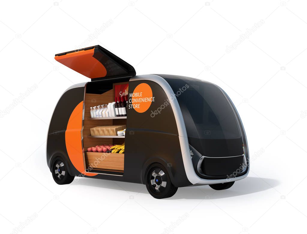 Autonomous vending car with side door opened. The vending car is equipped with shelf for selling foods, drinks and grocery. Mobile convenience store concept. 3D rendering image.