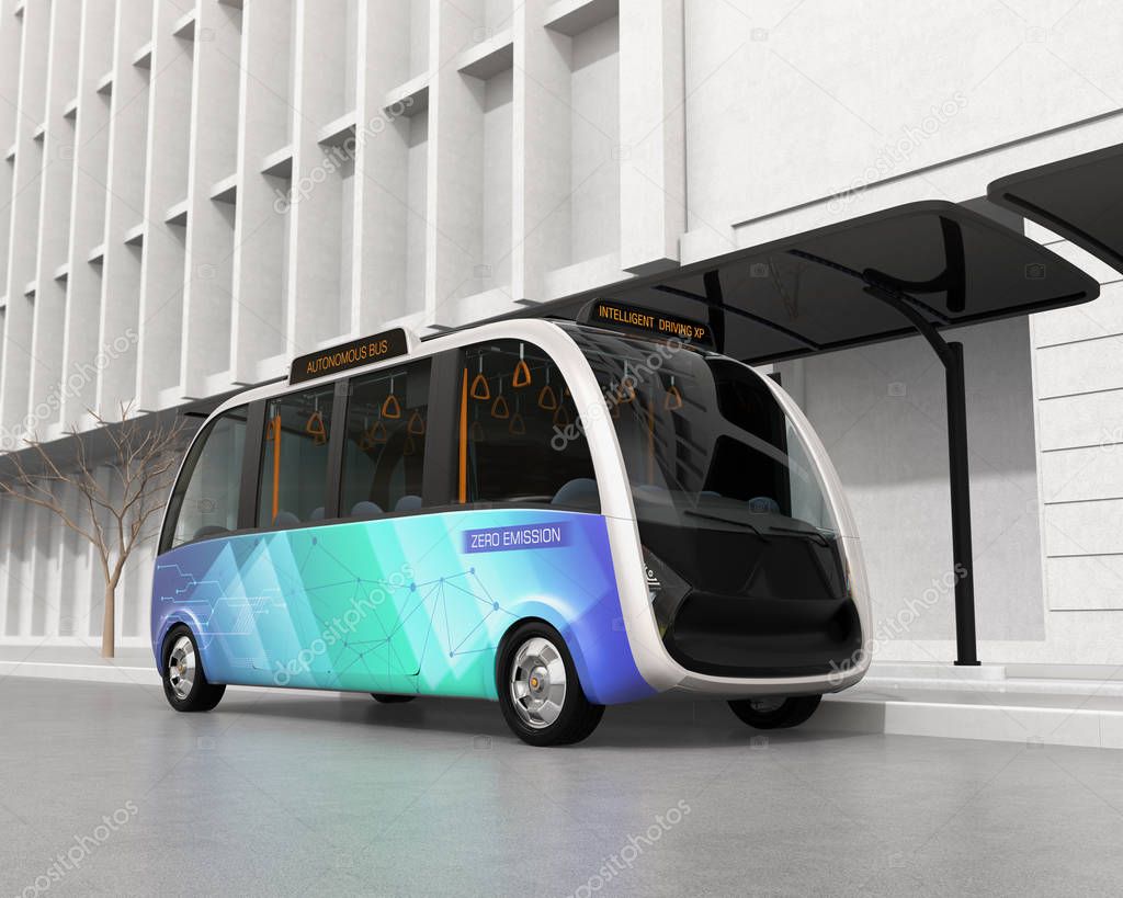 Self-driving shuttle bus waiting at bus station. The bus station equipped with solar panels for electric power. 3D rendering image.