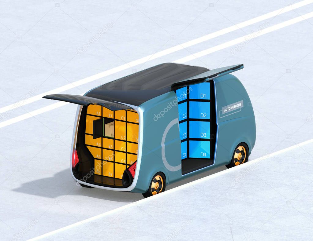 Isometric view of metallic blue delivery van parking side of road. Automatic delivery system concept. 3D rendering image.