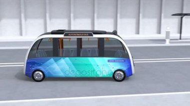 Otobüs istasyonu terk ve otomat van sokakta geçen özerk servis otobüsü. 3D render animasyon.