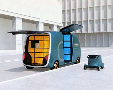 Kendi kendine sürüş teslimat van ve drone sokakta. Son bir mil kavramı. 3D render resim.