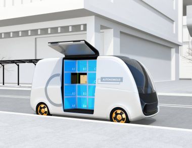 Sürüş teslimat van'ın yan kapı kendiliğinden açıldı. Kullanıcı kendi parsel okyanusun üzerinden alabilirsiniz. Otomatik dağıtım sistemi kavramı. 3D render resim.