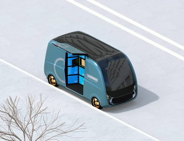 Isometric view of metallic blue delivery van parking side of road. Automatic delivery system concept. 3D rendering image.