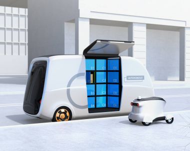 Kendi kendine teslim van sürüş görünümü arka ve sokakta robot. Son bir mil kavramı. 3D render resim.